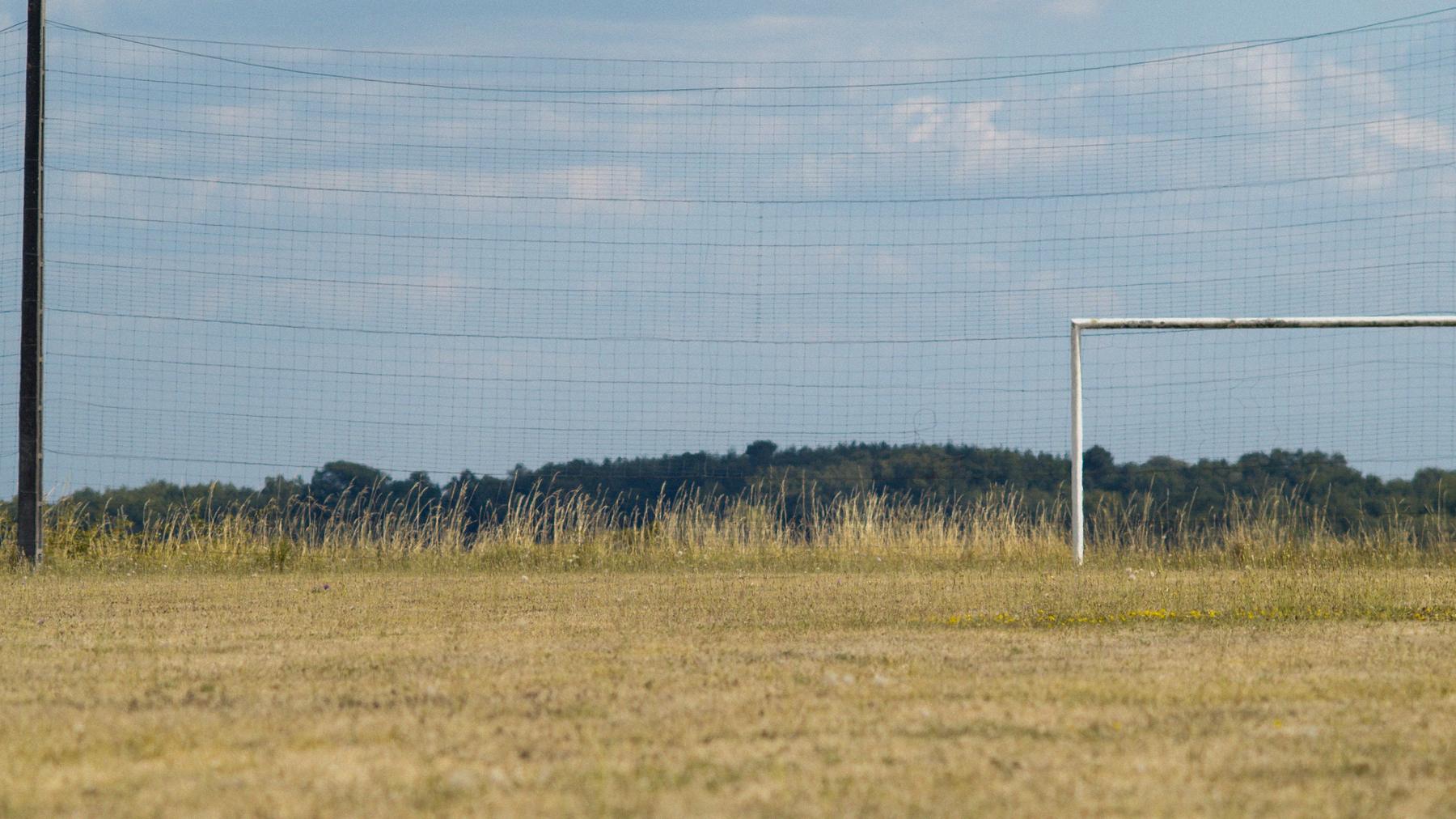 La cage blanche d'un terrain de football de village, herbes sèches et bois sombre au fond.