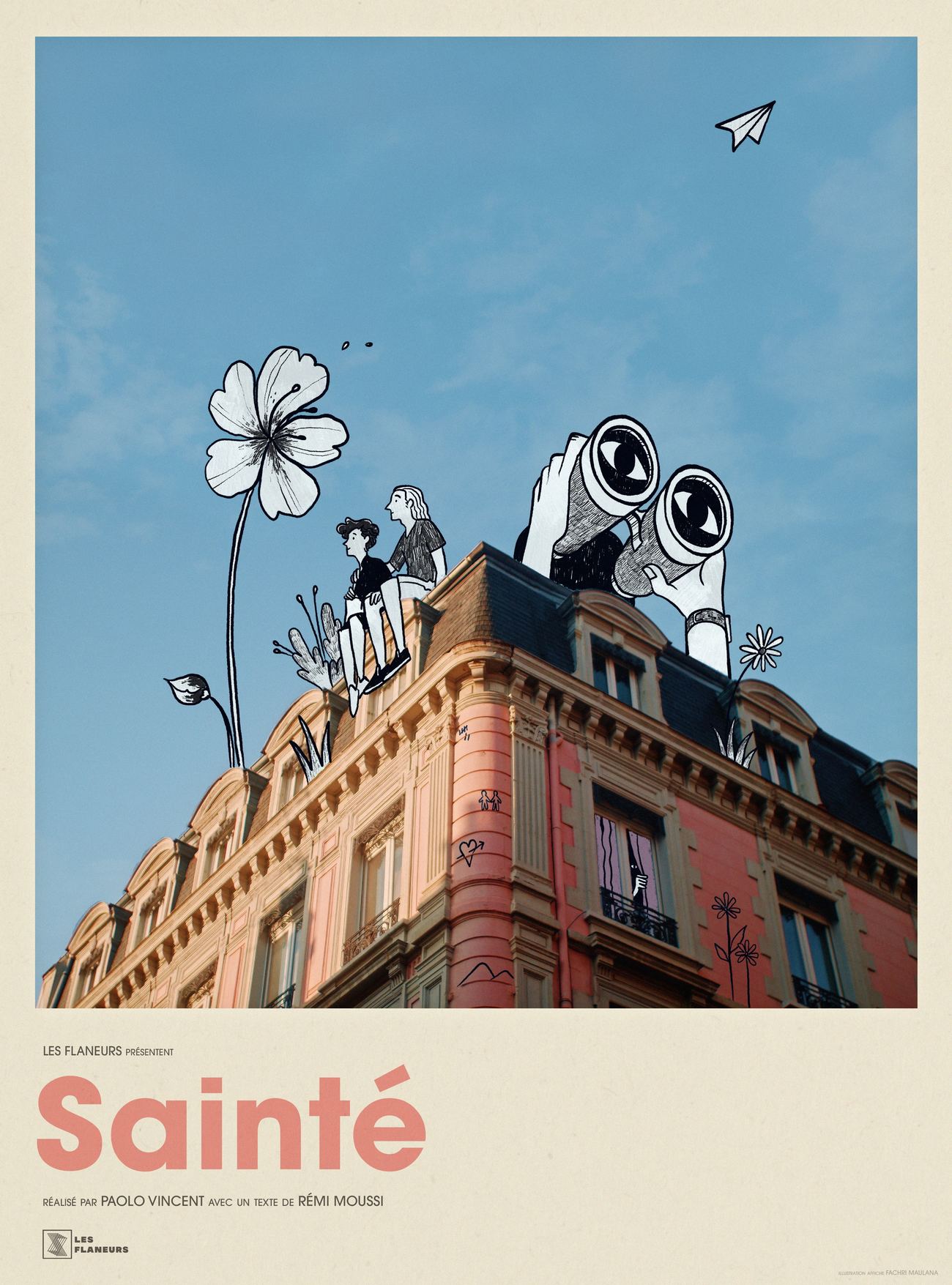 Affiche de Sainté : sur un immeuble rose, des personnages dessinés regardent la ville aux jumelles.